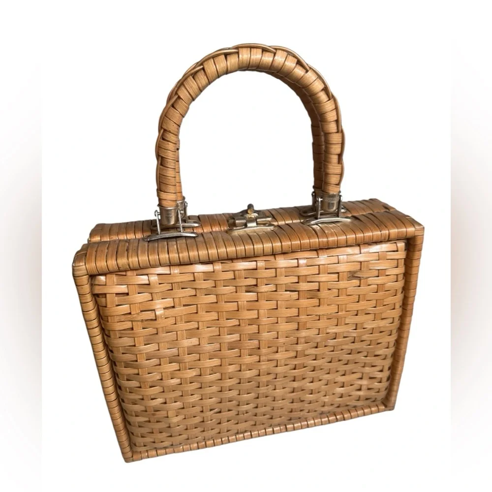 VINTAGE 50's/60's woven wicker box purse w embroidered flowers retro botanical - Picture 7 of 11